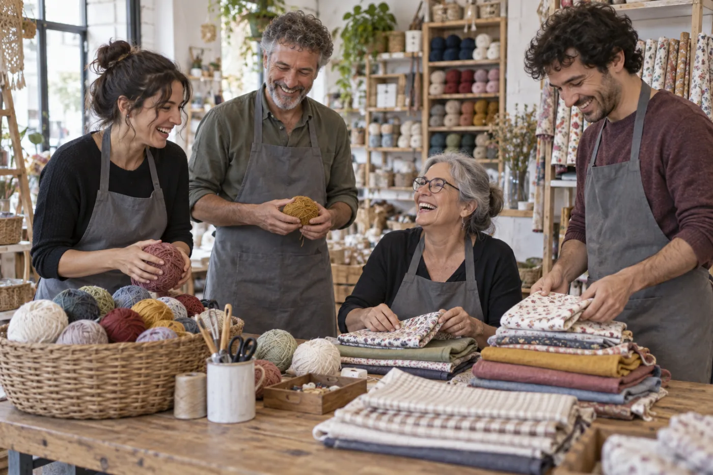 El equipo de Saidhe Life alrededor de la mesa de trabajo ordenando lanas y telas