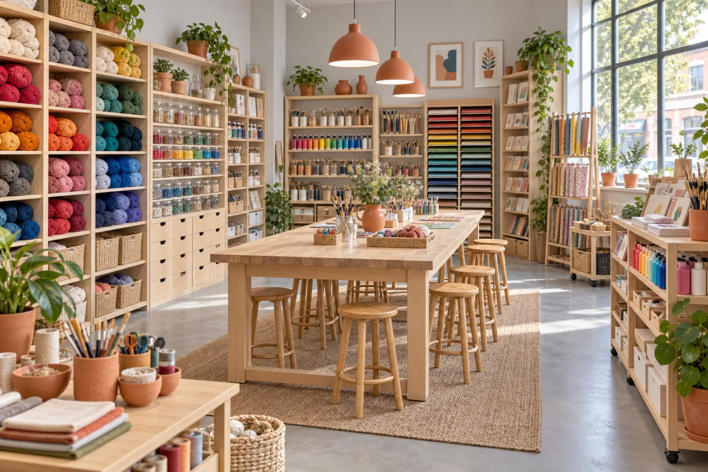 Interior de la tienda Saidhe Life con estanterías de lanas, papeles y la mesa de talleres