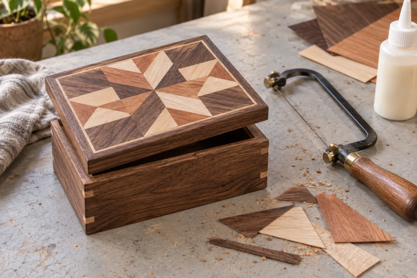 Caja de madera clara con tapa decorada con un rombo de marquetería en nogal y cerezo, junto a una sierra de arco y recortes de chapa