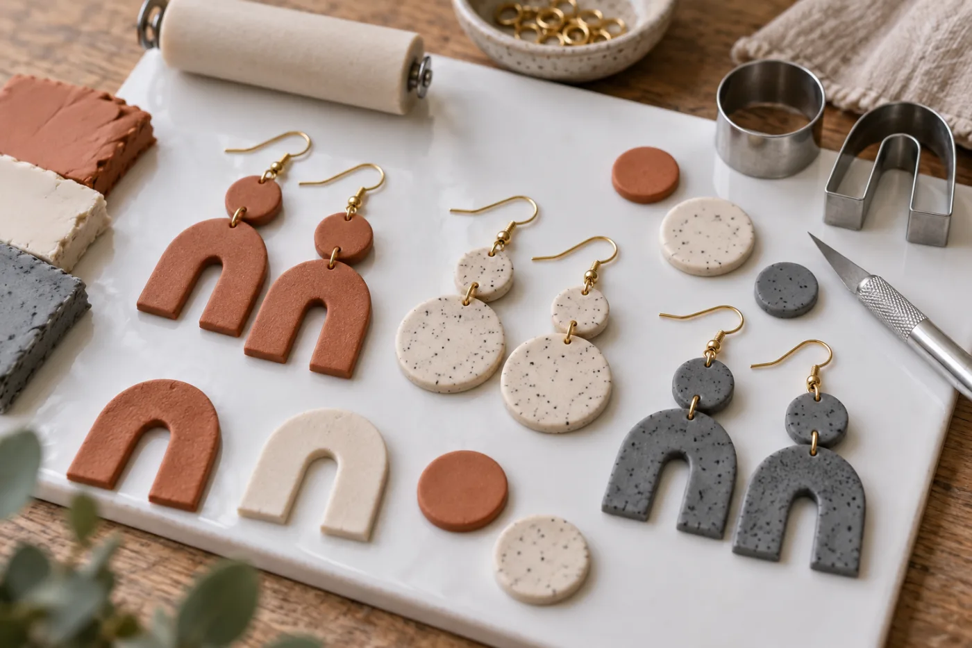Pendientes de pasta polimérica en tonos terracota y mármol blanco sobre una baldosa clara, junto a un rodillo acrílico, cortadores y alicates de bisutería