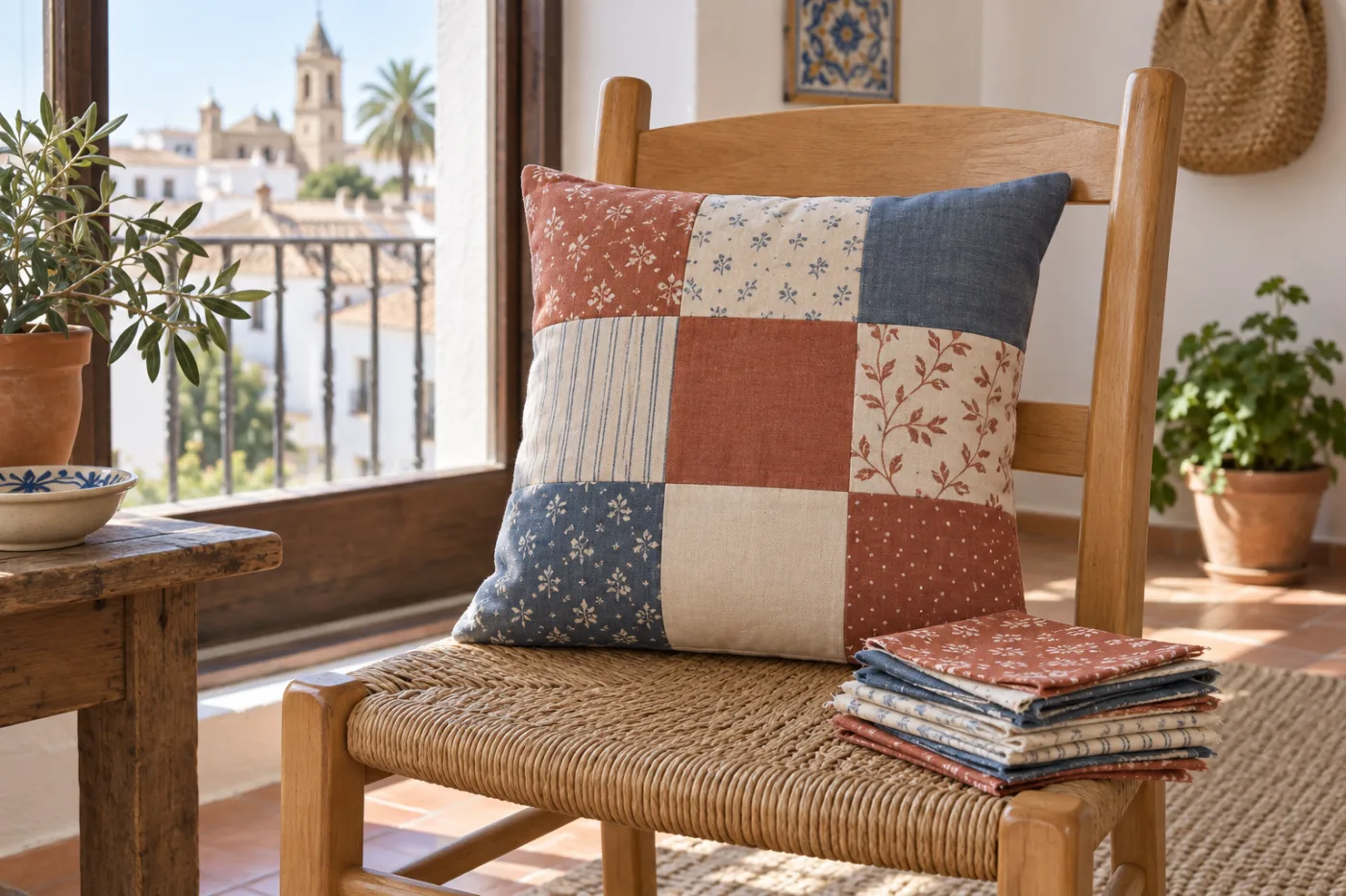 Cojín de patchwork con nueve cuadrados de algodón estampado en tonos verdes y crudos sobre un sofá, junto a un cutter rotativo y una regla