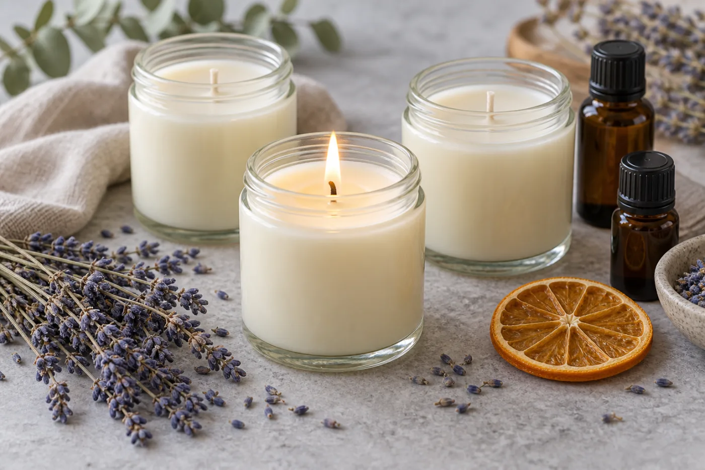 Velas de cera de soja en vasos de cristal con mechas sujetas por palillos, junto a una jarra de vertido, un termómetro y frascos de aceites esenciales