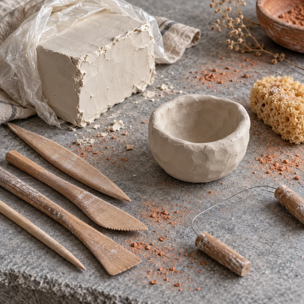 Manos modelando un cuenco de arcilla blanca sobre una torneta, con estecas y un rodillo de madera al lado