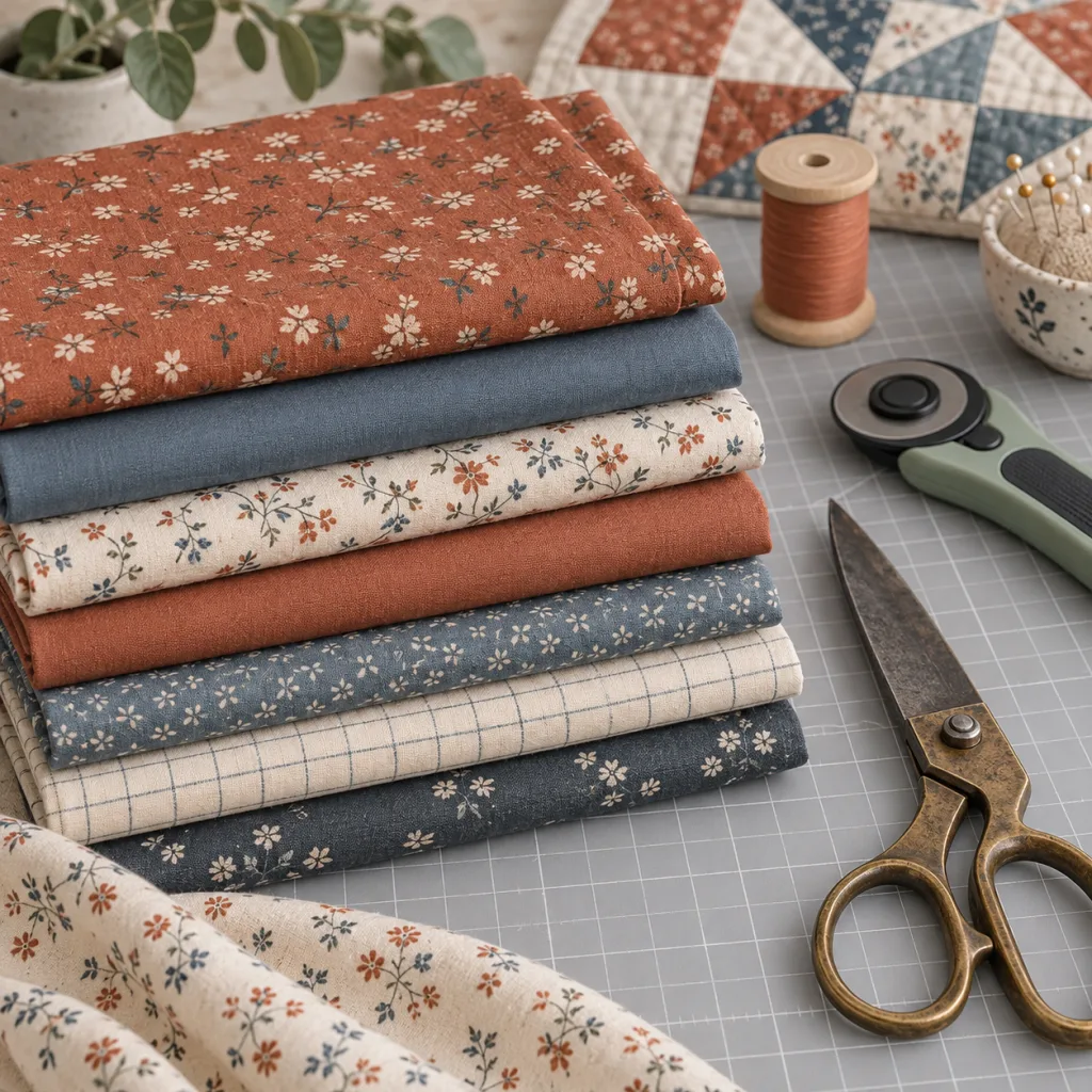 Retales de algodón estampado para patchwork apilados junto a unas tijeras de modista y un cutter rotativo