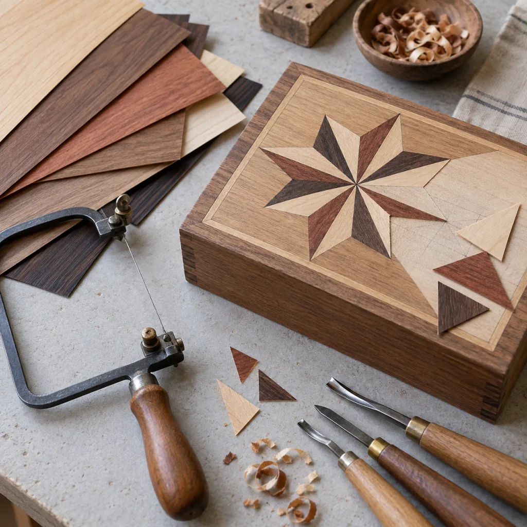 Chapas de madera de distintos tonos, una sierra de marquetería y un juego de gubias sobre un banco de trabajo