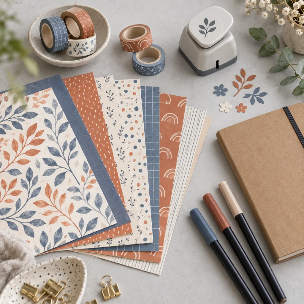 Papeles estampados de scrapbook, rollos de washi tape y rotuladores de lettering ordenados sobre una mesa de madera