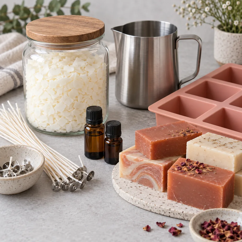 Velas de cera de soja en vasos de vidrio junto a copos de cera, mechas de algodón y frascos de aceites esenciales