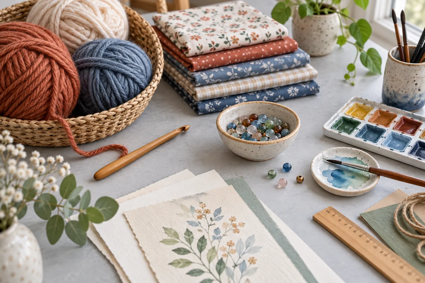 Mesa de trabajo con lanas, telas de patchwork, acuarelas, abalorios y papeles en la tienda Saidhe Life