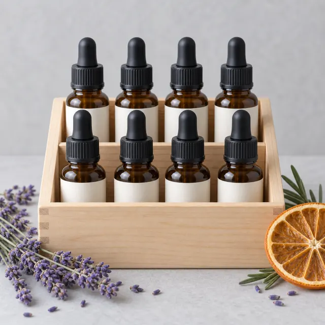 Ocho frascos de vidrio ámbar de aceites esenciales de 10 mililitros con etiquetas, sobre una mesa de madera con lavanda