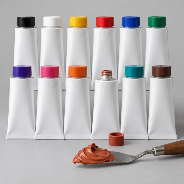 Doce tubos de pintura acrílica de 75 mililitros en colores básicos dispuestos en abanico sobre una mesa