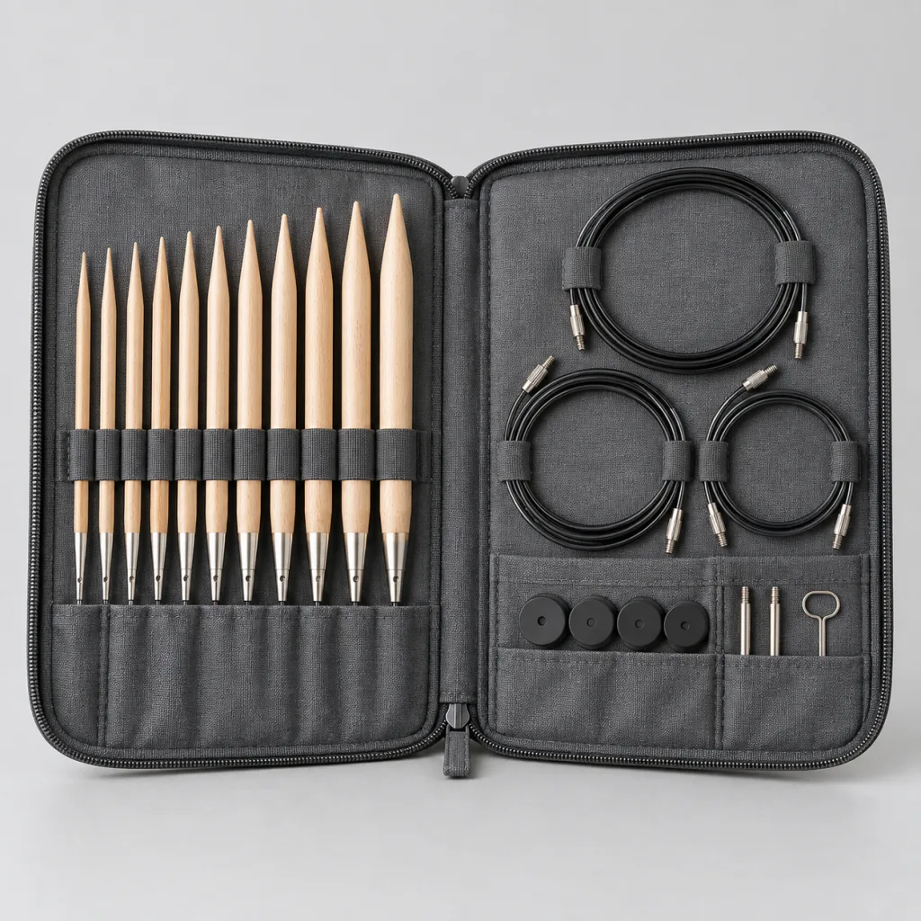 Estuche abierto de agujas circulares intercambiables con puntas de madera de haya, cables y accesorios ordenados