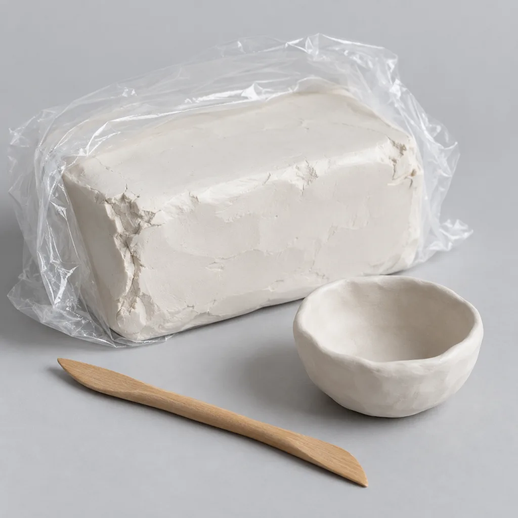 Bloque de arcilla blanca de secado al aire de cinco kilos envuelto en plástico, con un cuenco modelado al lado