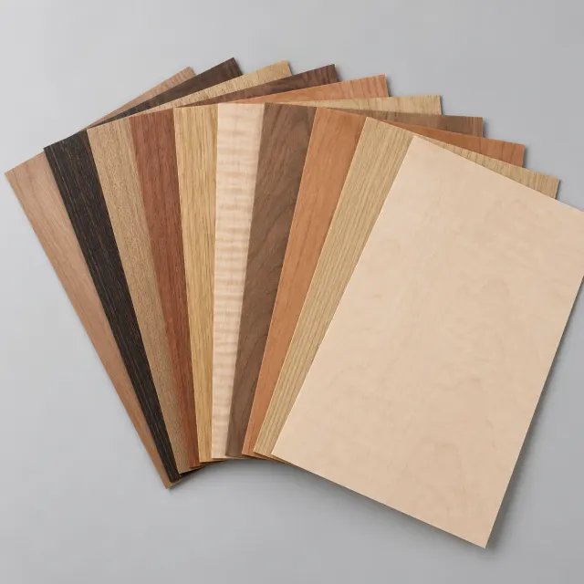 Diez chapas de madera de distintas especies y tonos en formato A4 apiladas en abanico