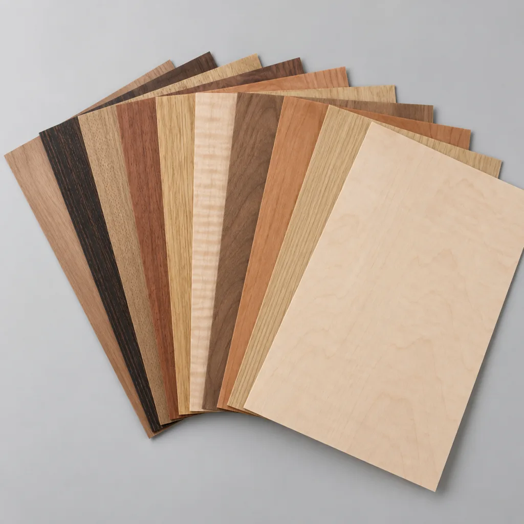 Diez chapas de madera de distintas especies y tonos en formato A4 apiladas en abanico