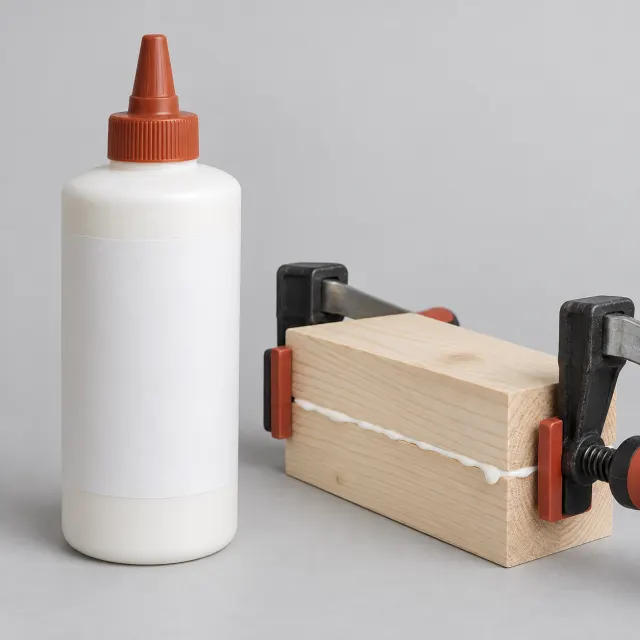 Bote de cola blanca para madera de 500 mililitros con boquilla dosificadora junto a dos piezas de madera encoladas