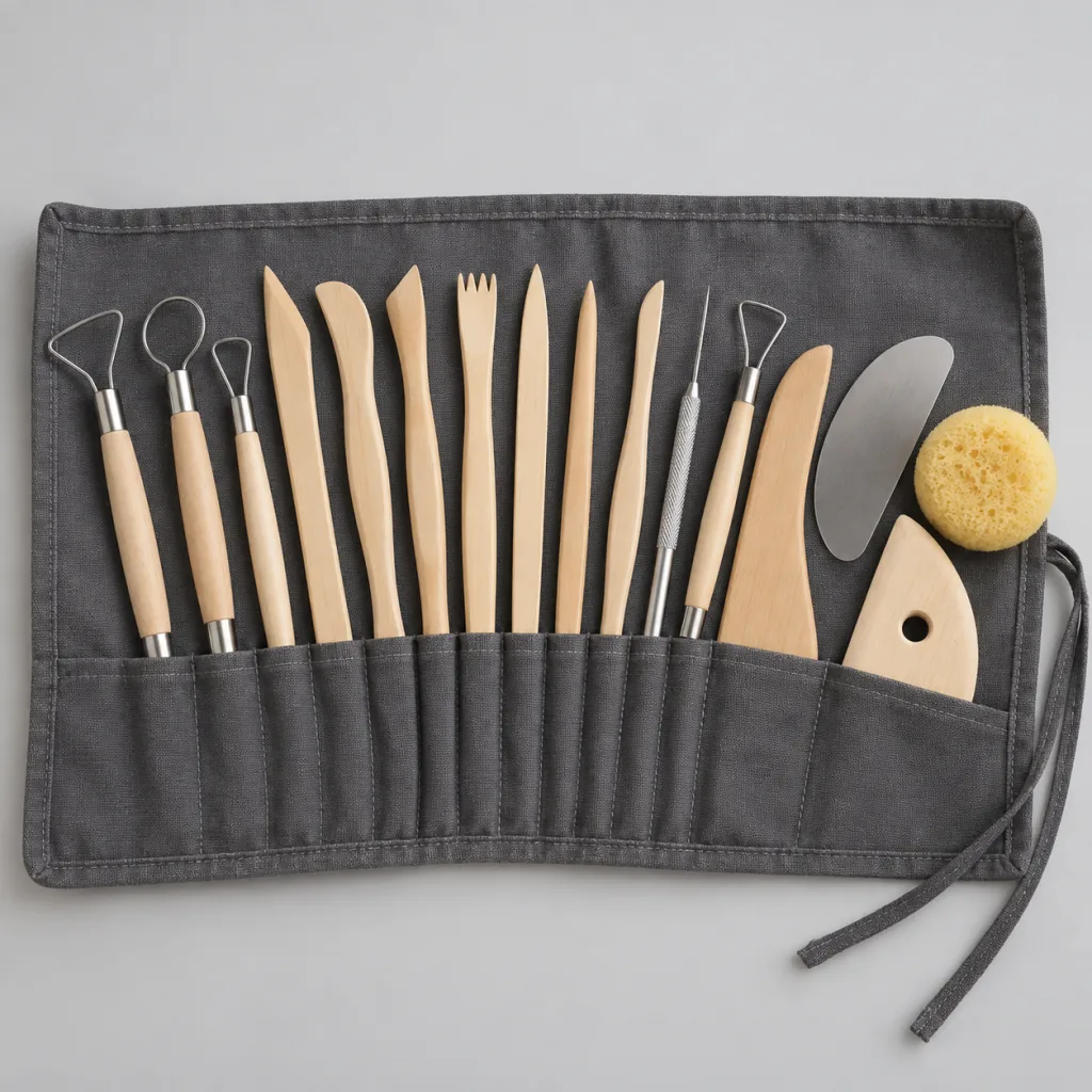 Catorce herramientas de modelado de madera y metal ordenadas sobre un estuche enrollable de lona natural