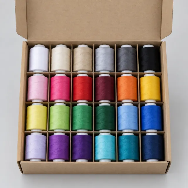Veinticuatro bobinas de hilo de coser de poliéster en colores variados ordenadas en una caja