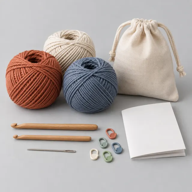 Kit de ganchillo para principiantes con ganchillos, ovillos de algodón, marcadores y guía impresa sobre una mesa de madera