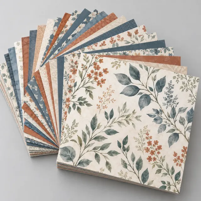 Pila de papeles decorados para scrapbooking de 30 por 30 centímetros con estampados florales y geométricos