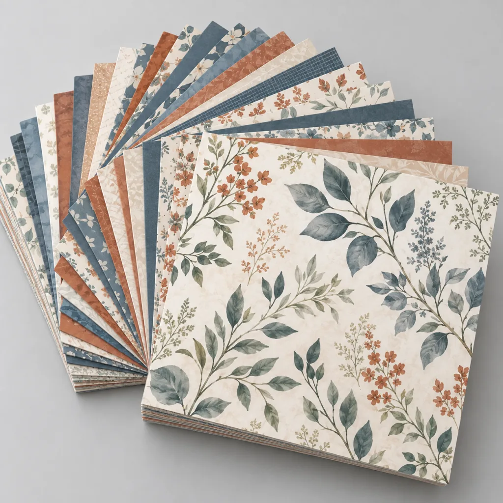 Pila de papeles decorados para scrapbooking de 30 por 30 centímetros con estampados florales y geométricos