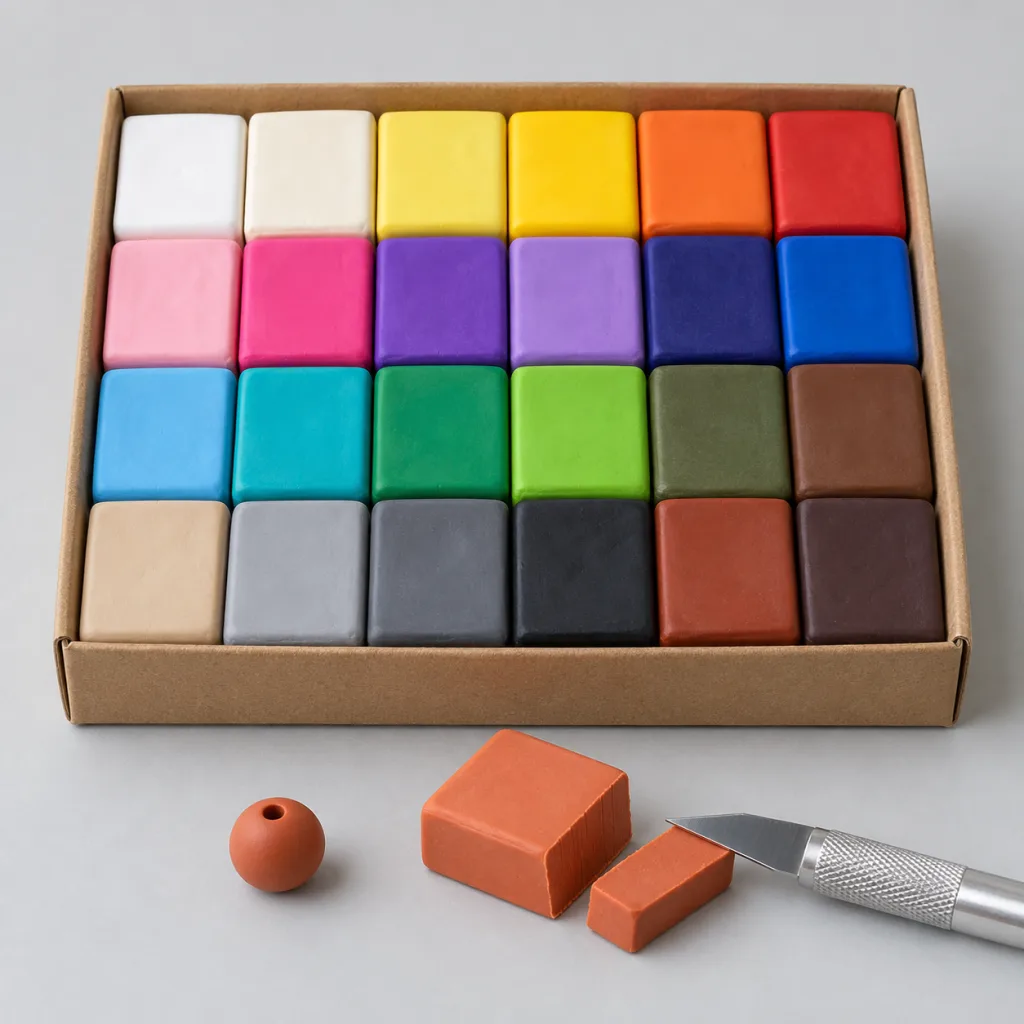 Veinticuatro bloques de pasta polimérica de colores alineados junto a unos pendientes hechos con ella