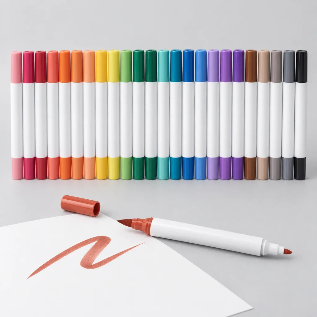 Estuche con 24 rotuladores de lettering de doble punta en colores vivos junto a una hoja con letras caligráficas