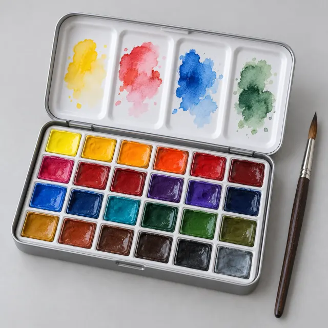 Caja metálica de acuarelas abierta con 24 medias pastillas de colores y paleta de mezclas con restos de pintura