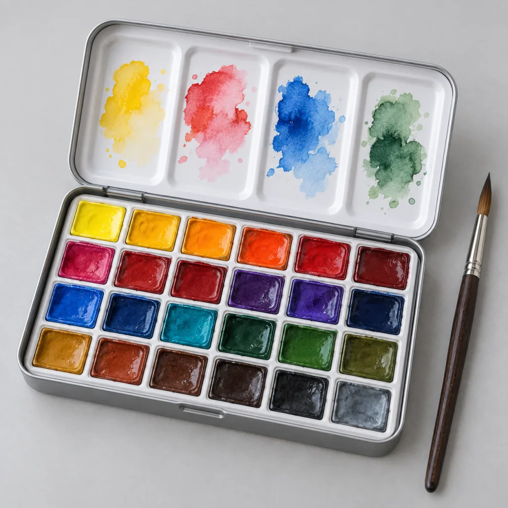 Caja metálica de acuarelas abierta con 24 medias pastillas de colores y paleta de mezclas con restos de pintura
