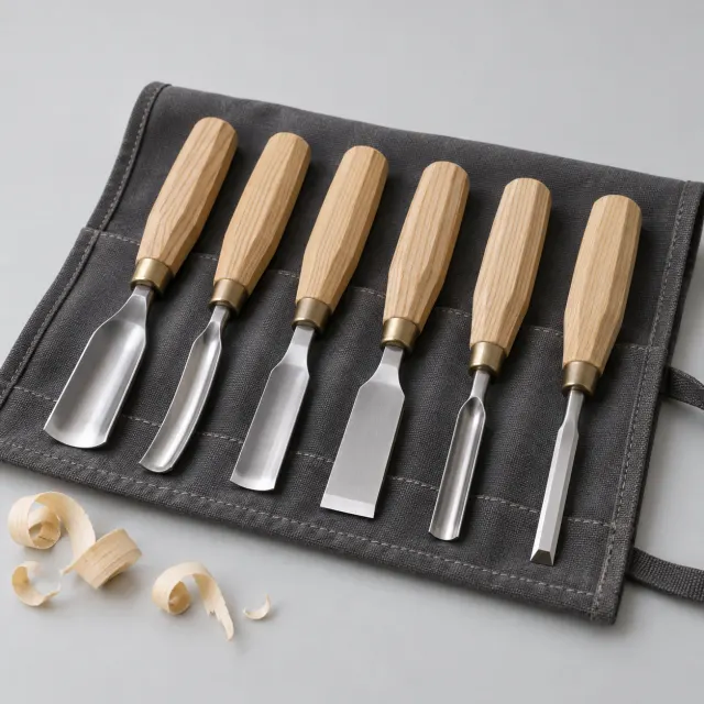 Seis gubias de talla con mangos de madera y filos de acero dispuestas sobre un estuche enrollable de lona
