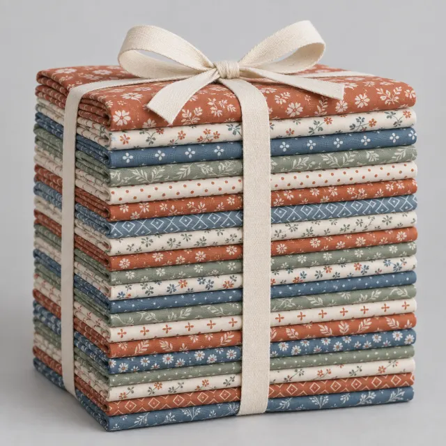 Veinte telas de algodón para patchwork dobladas y apiladas en una gama de estampados coordinados