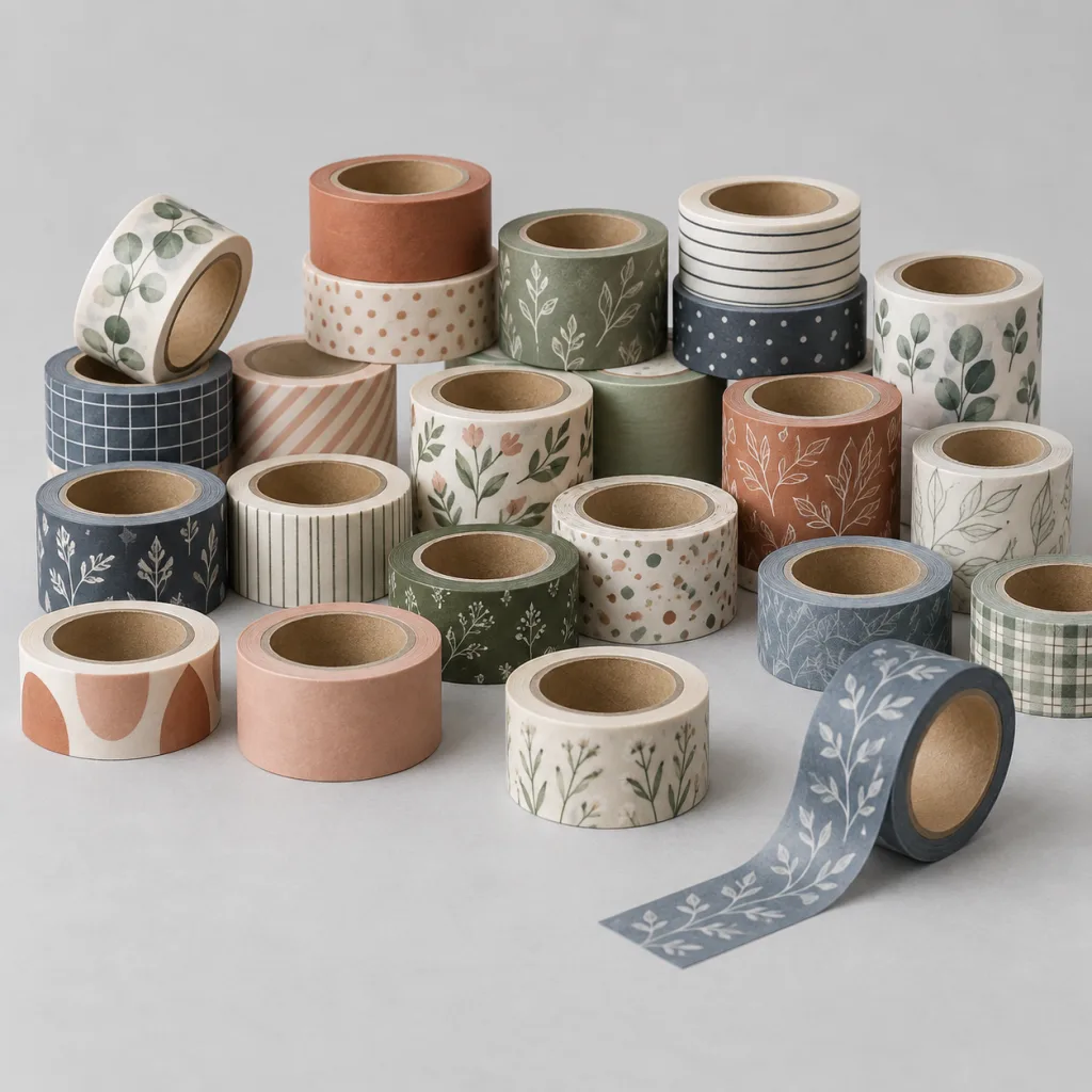 Veinte rollos de cinta washi de colores y estampados variados agrupados formando un círculo