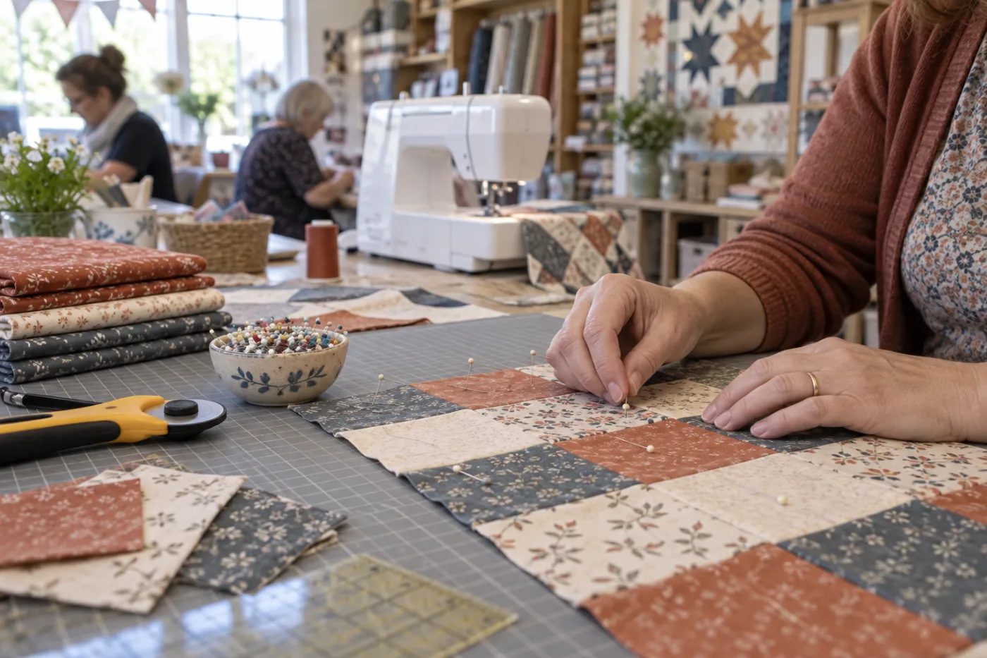 Bloques de patchwork en tonos mostaza y azul colocados sobre una base de corte junto a un cutter rotativo